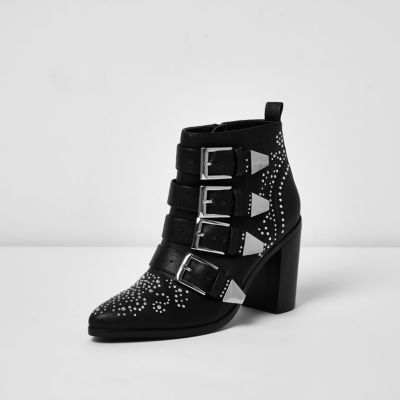 Black stud buckle western heeled boots